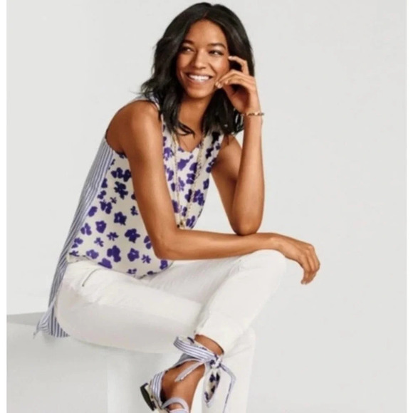 CABI Women's Hi Low Hem Neckline Purple Watercolor Floral Blue Stripe Top Sz XS - Picture 1 of 11